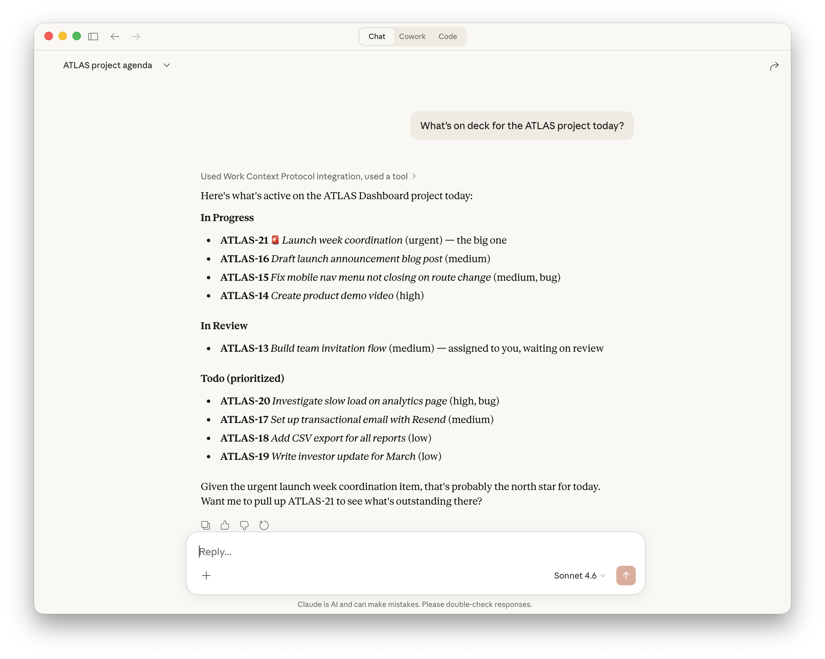Claude Desktop showing work items from WCP